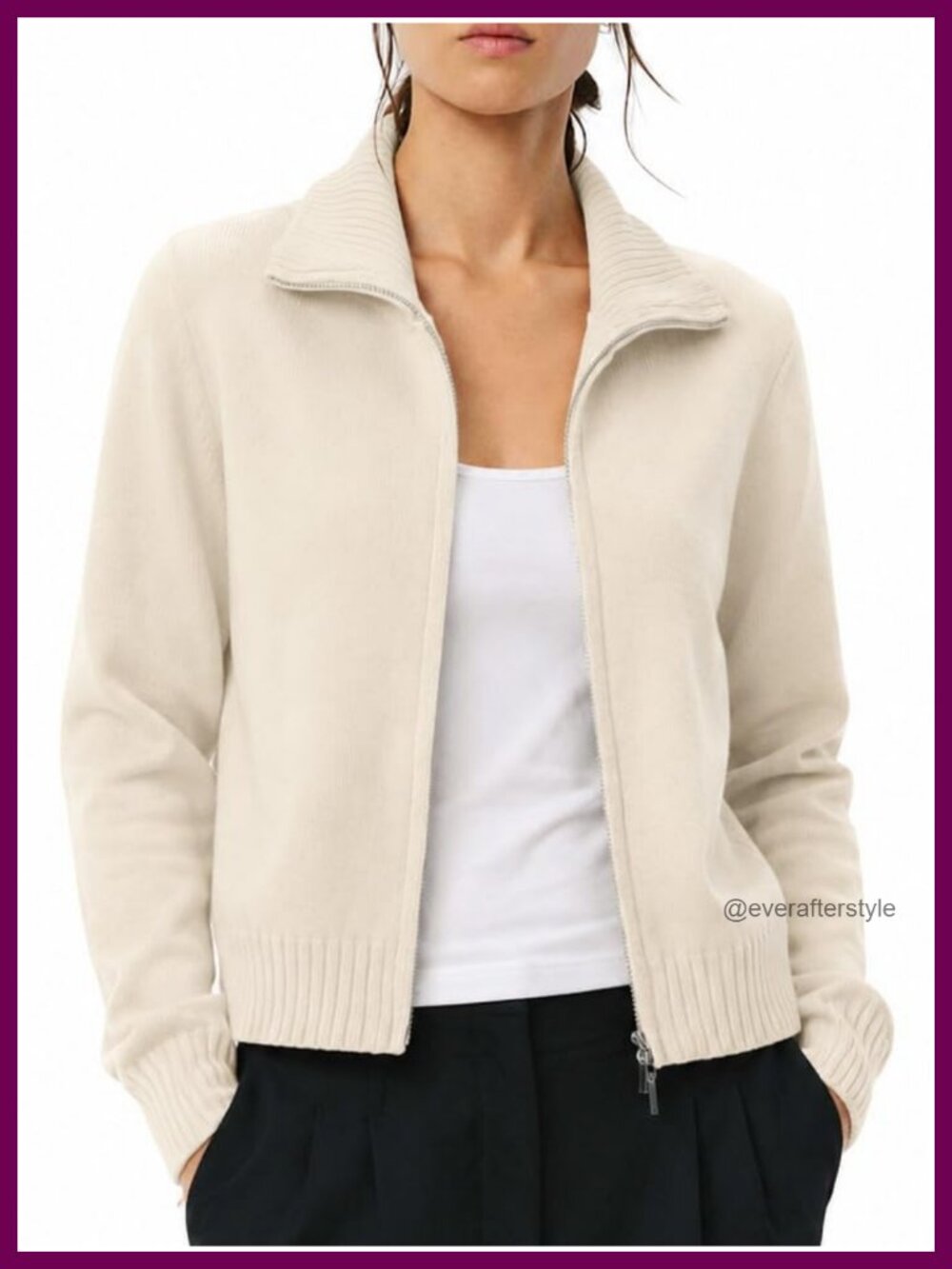 Women's Zip Up Cropped Cardigan Sweater Mock Neck Long Sleeve Cotton Blend Knit